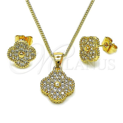 Oro Laminado Earring and Pendant Adult Set, Gold Filled Style Four-leaf Clover Design, with White Cubic Zirconia, Polished, Golden Finish, 10.344.0032