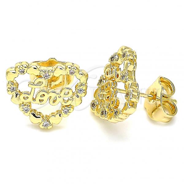 Oro Laminado Stud Earring, Gold Filled Style Heart and Love Design, with White Micro Pave, Polished, Golden Finish, 02.156.0516