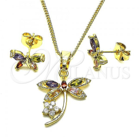 Oro Laminado Earring and Pendant Adult Set, Gold Filled Style Dragon-Fly and Flower Design, with Multicolor Cubic Zirconia, Polished, Golden Finish, 10.210.0160.1