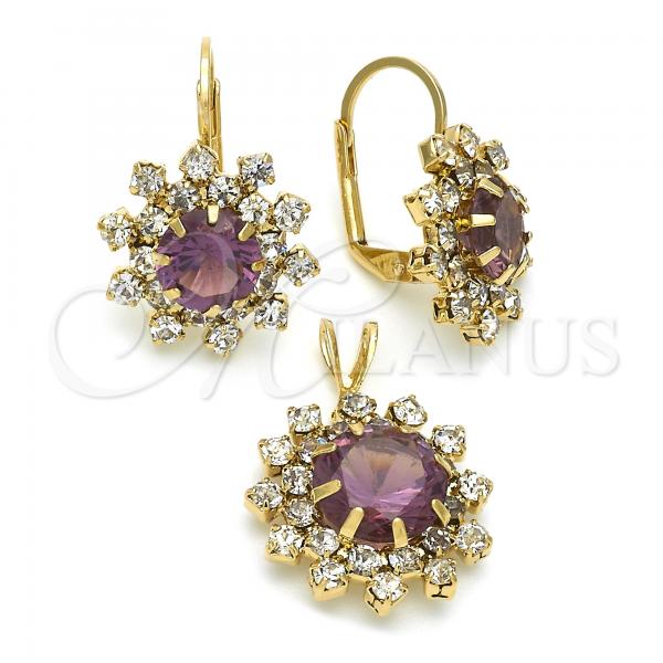 Oro Laminado Earring and Pendant Adult Set, Gold Filled Style Flower Design, with Dark Amethyst and White Cubic Zirconia, Polished, Golden Finish, 5.057.003.1