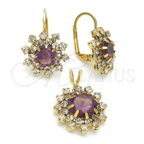 Oro Laminado Earring and Pendant Adult Set, Gold Filled Style Flower Design, with Dark Amethyst and White Cubic Zirconia, Polished, Golden Finish, 5.057.003.1