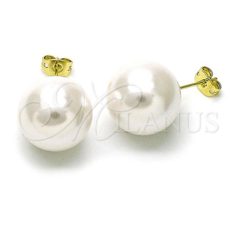 Oro Laminado Stud Earring, Gold Filled Style Ball Design, with Ivory Pearl, Polished, Golden Finish, 02.213.0749