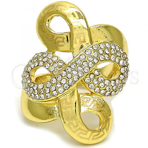 Oro Laminado Multi Stone Ring, Gold Filled Style Greek Key Design, with White Crystal, Polished, Golden Finish, 01.241.0015.09 (Size 9)