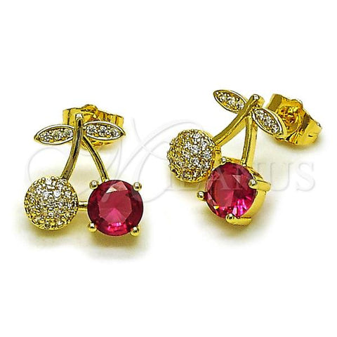 Oro Laminado Stud Earring, Gold Filled Style Cherry Design, with Ruby Cubic Zirconia and White Micro Pave, Polished, Golden Finish, 02.283.0252