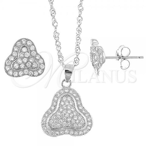 Sterling Silver Earring and Pendant Adult Set, Flower Design, with White Micro Pave, Polished, Rhodium Finish, 10.174.0039