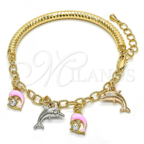 Oro Laminado Charm Bracelet, Gold Filled Style Dolphin and Hollow Design, with White Crystal, Pink Enamel Finish, Tricolor, 03.63.1830.1.08