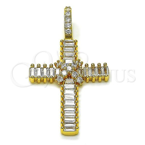 Oro Laminado Religious Pendant, Gold Filled Style Cross and Baguette Design, with White Cubic Zirconia, Polished, Golden Finish, 05.342.0232