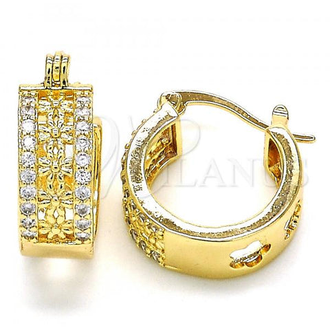 Oro Laminado Small Hoop, Gold Filled Style Flower Design, with White Cubic Zirconia, Polished, Golden Finish, 02.210.0275.15