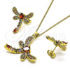 Oro Laminado Earring and Pendant Adult Set, Gold Filled Style Dragon-Fly Design, with Multicolor Cubic Zirconia, Polished, Golden Finish, 10.316.0034.4
