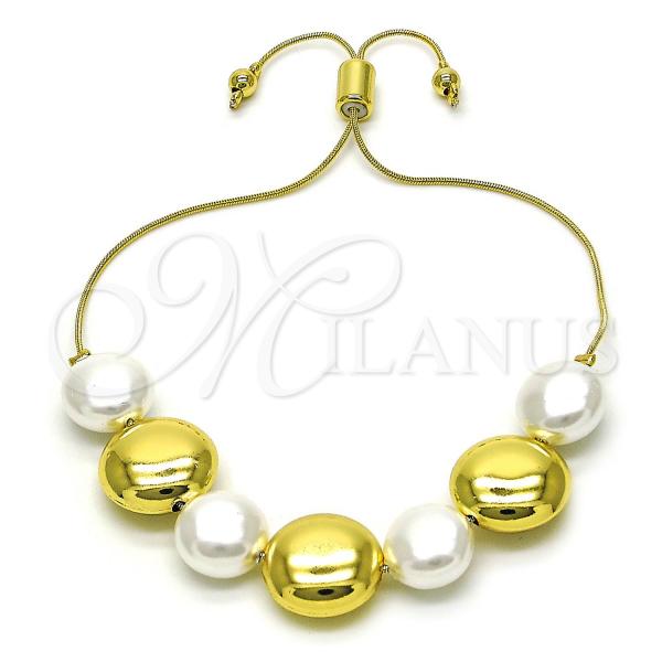 Oro Laminado Adjustable Bolo Bracelet, Gold Filled Style Ball and Rat Tail Design, with Ivory Pearl, Polished, Golden Finish, 03.341.0226.11