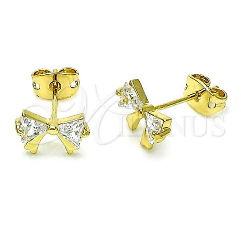 Oro Laminado Stud Earring, Gold Filled Style Bow Design, with White Cubic Zirconia, Polished, Golden Finish, 02.213.0646