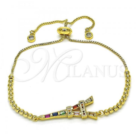 Oro Laminado Adjustable Bolo Bracelet, Gold Filled Style Eiffel Tower Design, with Multicolor Cubic Zirconia and Multicolor Micro Pave, Polished, Golden Finish, 03.362.0002.11