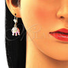 Oro Laminado Dangle Earring, Gold Filled Style Elephant Design, with White Crystal, Pink Enamel Finish, Golden Finish, 02.351.0058.5