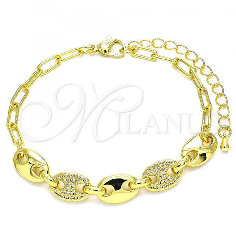 Oro Laminado Fancy Bracelet, Gold Filled Style Puff Mariner Design, with White Micro Pave, Polished, Golden Finish, 03.341.0113.07