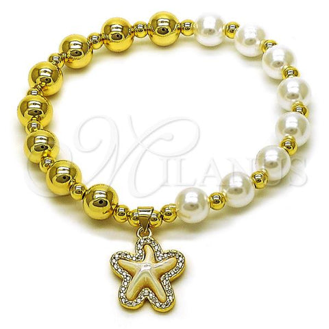 Oro Laminado Fancy Bracelet, Gold Filled Style Star and Ball Design, with Ivory Pearl and White Micro Pave, Polished, Golden Finish, 03.341.0249.07