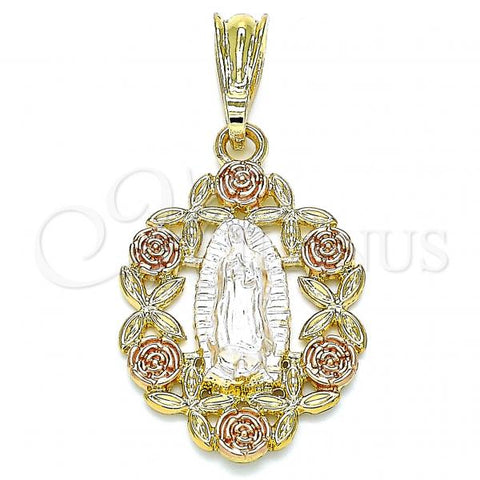 Oro Laminado Religious Pendant, Gold Filled Style Guadalupe and Flower Design, Polished, Tricolor, 05.380.0084