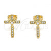 Oro Laminado Stud Earring, Gold Filled Style Cross Design, with White Micro Pave, Polished, Golden Finish, 02.213.0301