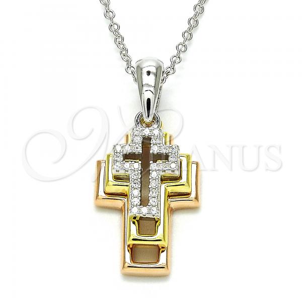 Sterling Silver Pendant Necklace, Cross Design, with White Cubic Zirconia, Polished, Tricolor, 04.336.0105.18