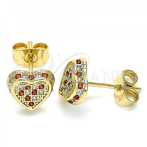 Oro Laminado Stud Earring, Gold Filled Style Heart Design, with Garnet and White Micro Pave, Polished, Golden Finish, 02.344.0019.2