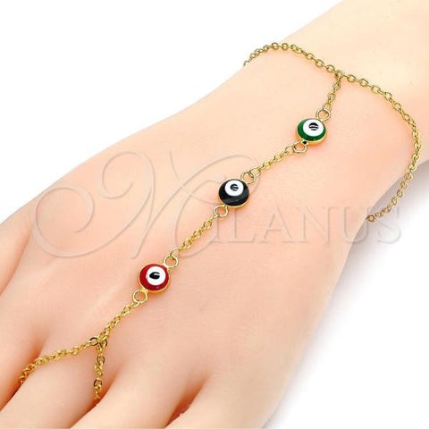 Oro Laminado Fancy Bracelet, Gold Filled Style Evil Eye and Rolo Design, Multicolor Enamel Finish, Golden Finish, 03.60.0144.1.08