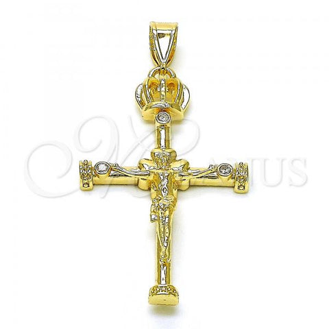 Oro Laminado Religious Pendant, Gold Filled Style Crucifix and Cross Design, with White Cubic Zirconia, Polished, Golden Finish, 05.253.0185
