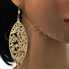 Oro Laminado Dangle Earring, Gold Filled Style Leaf and Dragon-Fly Design, with White Crystal, Diamond Cutting Finish, Golden Finish, 68.003