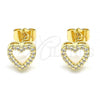 Oro Laminado Stud Earring, Gold Filled Style Heart Design, with White Micro Pave, Polished, Golden Finish, 02.156.0629