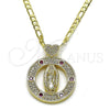 Oro Laminado Pendant Necklace, Gold Filled Style Guadalupe and Heart Design, with Ruby Cubic Zirconia and White Micro Pave, Polished, Golden Finish, 04.253.0025.20