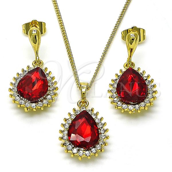 Oro Laminado Earring and Pendant Adult Set, Gold Filled Style Teardrop and Cluster Design, with Garnet and White Crystal, Polished, Golden Finish, 10.379.0045.4