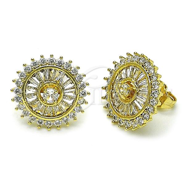 Oro Laminado Stud Earring, Gold Filled Style Cluster and Baguette Design, with White Cubic Zirconia, Polished, Golden Finish, 02.283.0113