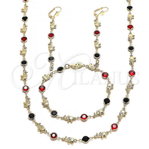 Oro Laminado Necklace, Bracelet and Earring, Gold Filled Style Elephant Design, with Garnet and Black Crystal, Polished, Golden Finish, 06.213.0006