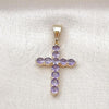 Oro Laminado Religious Pendant, Gold Filled Style Cross Design, with Amethyst Cubic Zirconia, Polished, Golden Finish, 05.253.0183.4