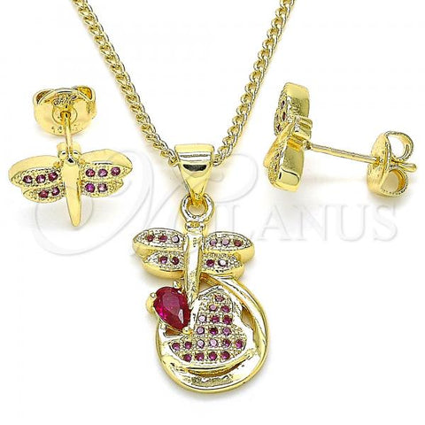 Oro Laminado Earring and Pendant Adult Set, Gold Filled Style Dragon-Fly and Heart Design, with Ruby Micro Pave, Polished, Golden Finish, 10.156.0270.1
