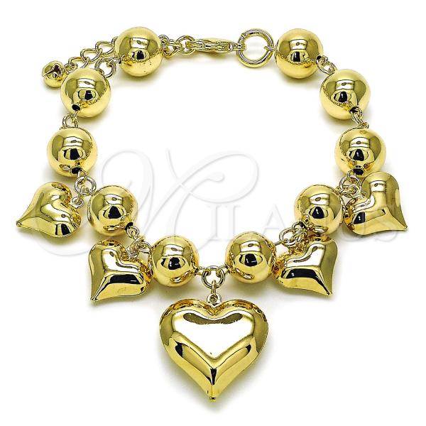 Oro Laminado Charm Bracelet, Gold Filled Style Ball and Heart Design, Polished, Golden Finish, 03.331.0316.09