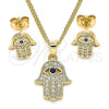 Oro Laminado Earring and Pendant Adult Set, Gold Filled Style Hand of God Design, with Sapphire Blue and White Micro Pave, Polished, Golden Finish, 10.344.0010
