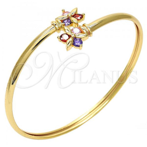 Oro Laminado Individual Bangle, Gold Filled Style Flower Design, with Multicolor Cubic Zirconia, Polished, Golden Finish, 07.193.0019 (04 MM Thickness, One size fits all)