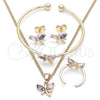 Oro Laminado Earring and Pendant Children Set, Gold Filled Style Dragon-Fly Design, with Multicolor Cubic Zirconia, Polished, Golden Finish, 06.210.0020