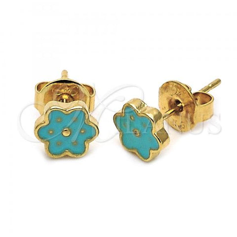 Oro Laminado Stud Earring, Gold Filled Style Flower Design, Turquoise Enamel Finish, Golden Finish, 02.64.0361 *PROMO*