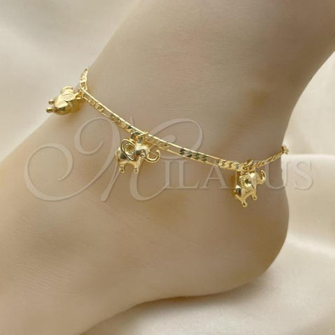 Oro Laminado Charm Anklet , Gold Filled Style Elephant and Figaro Design, Polished, Golden Finish, 03.32.0611.10