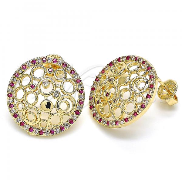 Oro Laminado Stud Earring, Gold Filled Style with Ruby and White Micro Pave, Polished, Golden Finish, 02.233.0016.2