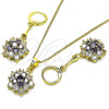 Oro Laminado Earring and Pendant Adult Set, Gold Filled Style Flower Design, with Amethyst and White Cubic Zirconia, Polished, Golden Finish, 10.387.0010.2