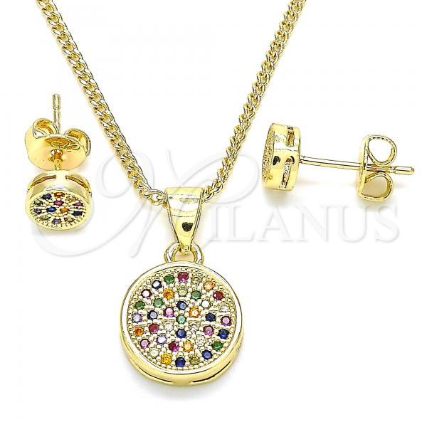 Oro Laminado Earring and Pendant Adult Set, Gold Filled Style with Multicolor Micro Pave, Polished, Golden Finish, 10.156.0277.3