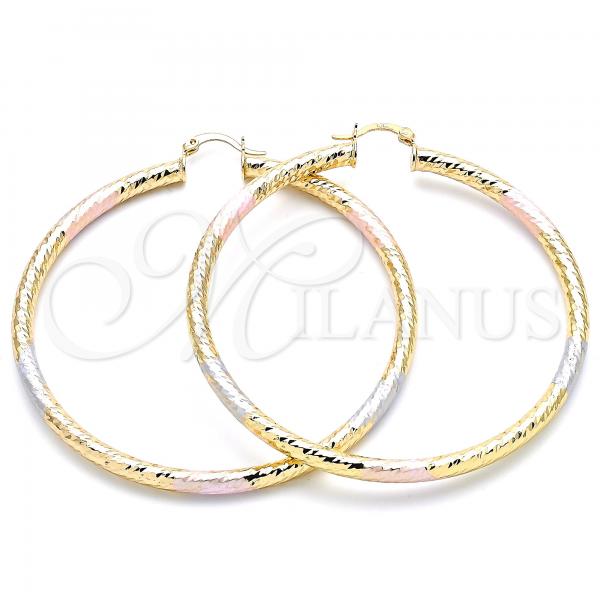 Oro Laminado Extra Large Hoop, Gold Filled Style Hollow Design, Diamond Cutting Finish, Tricolor, 02.170.0250.70