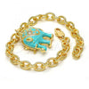 Oro Laminado Charm Bracelet, Gold Filled Style Elephant and Rolo Design, with White Crystal, Turquoise Enamel Finish, Golden Finish, 03.179.0001.2.07