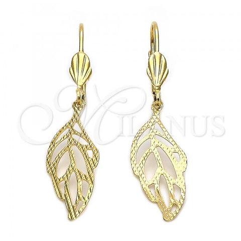 Oro Laminado Dangle Earring, Gold Filled Style Leaf Design, Diamond Cutting Finish, Golden Finish, 5.084.008