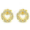 Oro Laminado Stud Earring, Gold Filled Style Heart Design, with White Micro Pave, Polished, Golden Finish, 02.156.0527