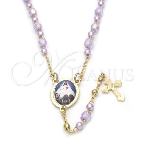 Oro Laminado Thin Rosary, Gold Filled Style Caridad del Cobre and Cross Design, with Lavender Crystal, Polished, Golden Finish, 09.02.0024.18