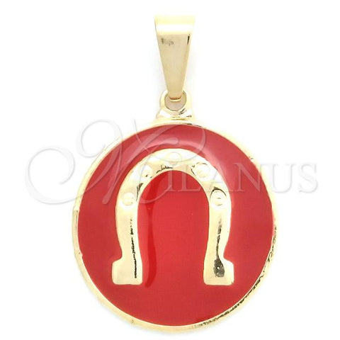 Oro Laminado Fancy Pendant, Gold Filled Style Horseshoe Design, Red Enamel Finish, Golden Finish, 05.32.0093