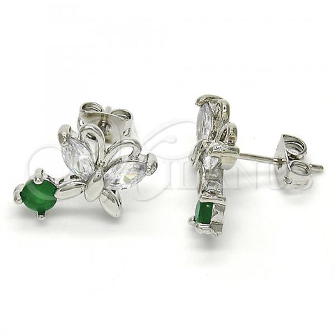 Rhodium Plated Stud Earring, Butterfly Design, with Green and White Cubic Zirconia, Polished, Rhodium Finish, 02.210.0093.4