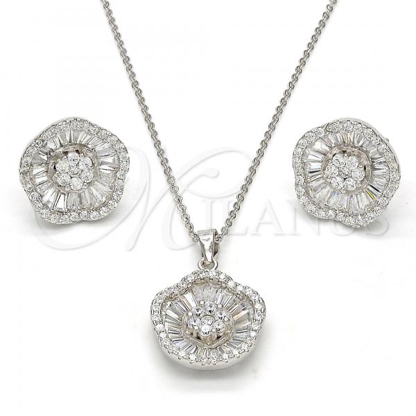 Sterling Silver Earring and Pendant Adult Set, Flower Design, with White Cubic Zirconia and White Crystal, Polished, Rhodium Finish, 10.174.0229
